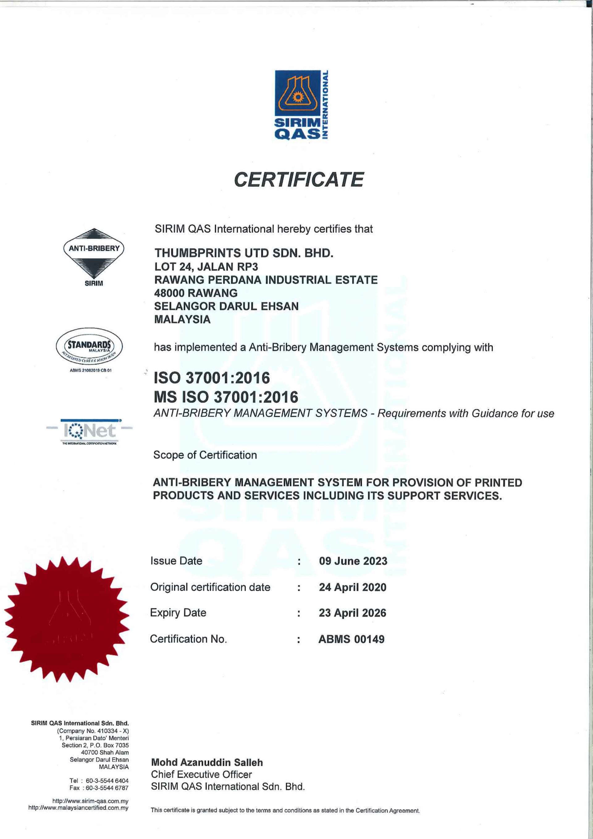 SIRIM ABMS Certification (23 April 2023-23 April 2026)